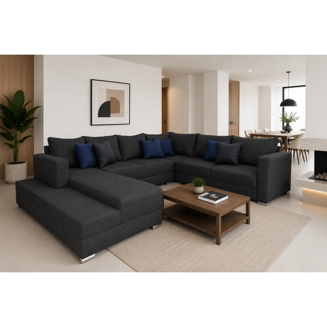 sala esquinera en u el bazar store modelo corbel gris oxford 4 salas en 1, vista frontal en U de tres piezas tapizada en tela lino gris oxford con silueta modular baja; incluye 7 cojines de respaldo y 6 cojines decorativos, acojinamiento en espuma de alta densidad, patas cromadas visibles, medidas: largo derecho 255 cm, frente 315 cm, izquierdo 200 cm, profundidad 90 cm, alto 85 cm; ambientada en sala moderna con mesa de centro y alfombra, suele usarse también para separar áreas de TV y lectura.