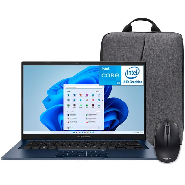 laptop asus vivobook 14 intel core i5 1334u 12gb ssd 512gb 14" teclado español mochila mouse estudio y trabajo profesional Azul — Vista frontal centrada de la ASUS Vivobook 14 en azul con pantalla 14" Full HD mostrando el escritorio; teclado chiclet distribución español, panel táctil rectangular, mouse inalámbrico ASUS a la derecha y mochila gris detrás; equipada con Intel Core i5 1334U, 12GB RAM y SSD 512GB, adecuada para estudio y trabajo diario, a menudo usada para clases en línea y multitarea.
