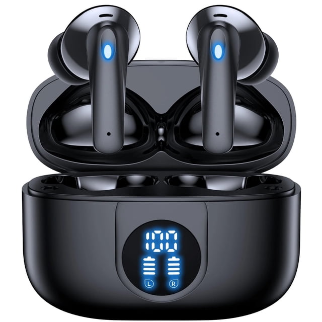 auriculares bluetooth inalámbricos veat00l v5.4 60 horas de batería con cancelación de ruido Auriculares TWS negros en estuche de carga abierto, vista frontal 3/4; tallos con LED azul, pantalla LED frontal que muestra porcentaje de batería y niveles L/R, puntas intrauditivas y acabado brillante, diseño ergonómico y emparejamiento automático. Ideal para música y llamadas con cancelación activa de ruido y modo transparencia; suelen usarse también para videollamadas en movilidad.