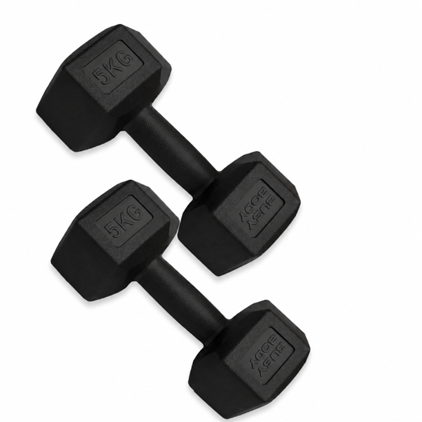 Par de Mancuernas hexagonales plastificadas Tayga 5 Kg. c/u color Negro.