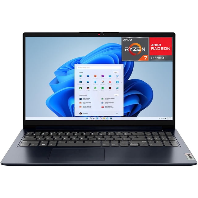 laptop lenovo ideapad 1 15alc7 amd ryzen 7 5700u 24gb ram 512gb ssd 15.6" touchscreen windows 11 home teclado en español frontal centrada mostrando pantalla táctil 15.6" Full HD, carcasa azul, teclado en español de tamaño completo con panel táctil, biseles delgados y cámara HD con obturador de privacidad; visible etiqueta AMD Radeon Graphics y mención de SSD M.2 NVMe, Wi‑Fi 6 y Bluetooth 5.2 en especificaciones.