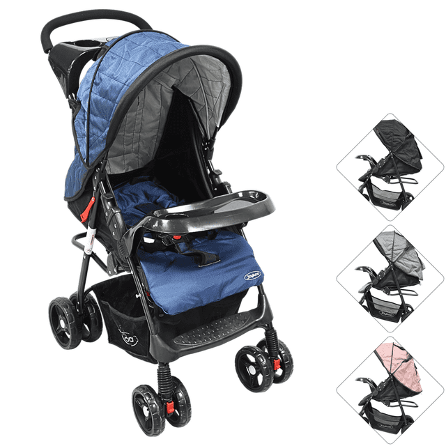 carriola para bebé ligera y plegable asiento reclinable cinturón de 5 puntos charola toldo apta desde 6 meses hasta 18 kg - azul 3/4 frontal de carriola azul con toldo acolchado y ventana de malla, bandeja frontal con portavasos, asiento acolchado reclinable en varias posiciones, reposapiés plegable, arnés de 5 puntos y chasis negro con ruedas dobles de EVA y freno trasero; adecuada para salidas y viajes por su plegado compacto.