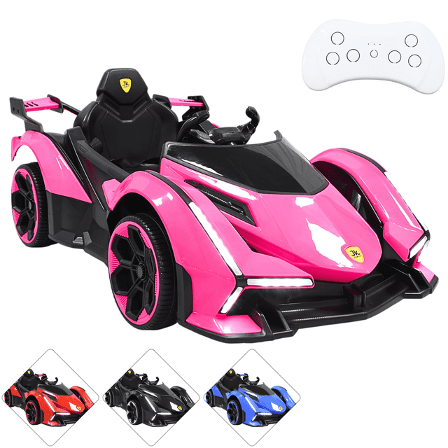 montable eléctrico para niños deportivo lambo luces sonido control remoto bluetooth batería 12v - rosa montable infantil en vista frontal 3/4 con carrocería rosa brillante y detalles negros; faros LED delanteros y traseros, asiento negro con cinturón, volante con sonidos y ruedas plásticas deportivas; control remoto blanco visible, conexiones Bluetooth/USB/auxiliar y espacio para un solo ocupante. Apto desde 3 años y hasta 30 kg. A menudo se usa para que los niños practiquen coordinación y control.