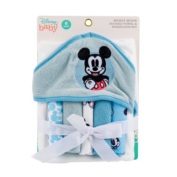 Set De Toalla De Baño Con Capucha Y 5 Toallitas Mickey Mouse Color Azul Claro
