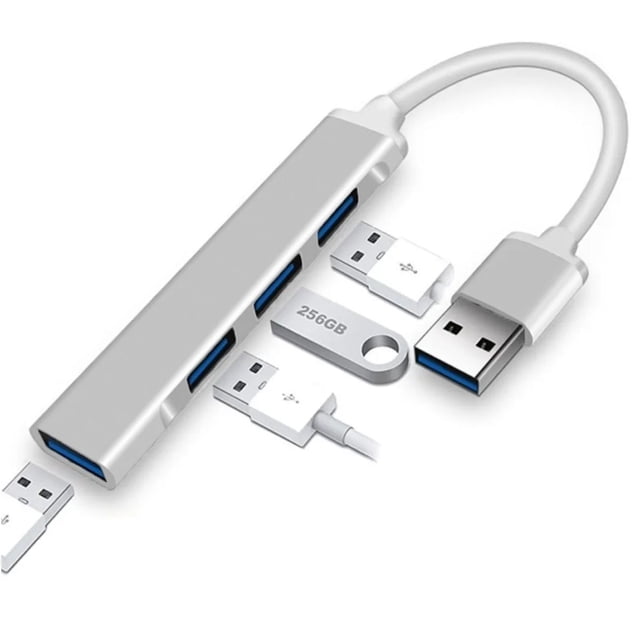 hub usb 3.0 4 puertos metálico Hub USB de 4 puertos en aluminio, vista 3/4 frontal con cable de 11 cm y conector USB A; carcasa alargada con un puerto USB 3.0 (5 Gbps) y tres puertos USB 2.0 (480 Mbps) con interiores azules; dimensiones 90x17x98 mm, marca ACCESORIOS VCOAPA, ideal para conectar memorias, discos y periféricos a PC o laptop.