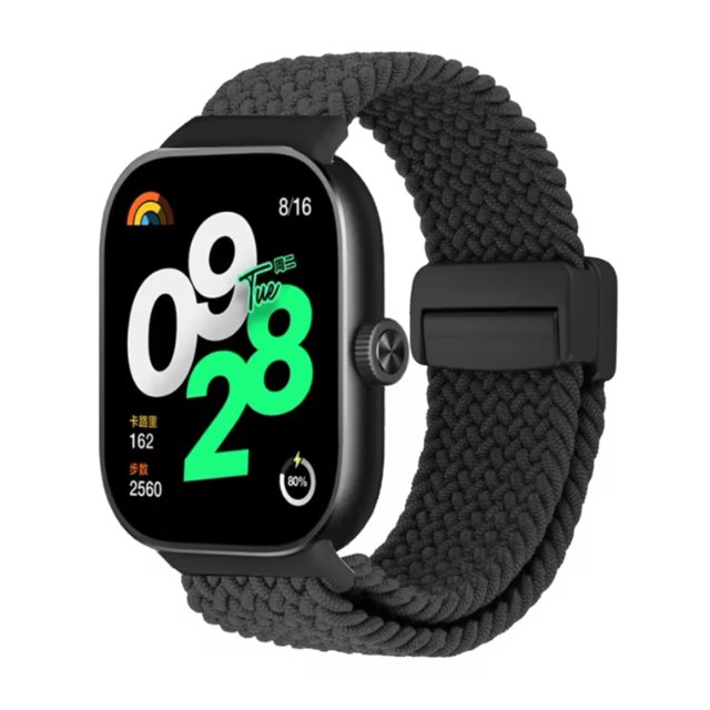 correa de nylon trenzado magnética para xiaomi redmi 4,5,6 pulsera negra de 23 centímetros con tejido trenzado y cierre magnético, vista 3/4 frontal de smartwatch compatible con Xiaomi Redmi 4/5/6; silueta rectangular, hebilla deslizante y acabado sólido en silicona, estilo deportivo unisex adecuada para uso diario; a menudo se usa como repuesto práctico en viajes.