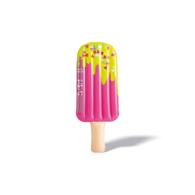 paleta inflable pool float intex con estampado realista flotador en forma de paleta rosa con cobertura amarilla y estampado de corazones, mango beige visible, vinilo 11ga, 75 x 30 pulgadas; vista frontal centrada sobre fondo blanco, suele usarse también para relajarse y tomar el sol en la piscina.