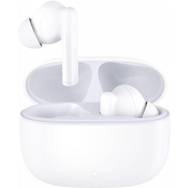 auriculares inalámbricos honor choice x7 lite bluetooth 5.3 blancos — estuche de carga oval blanco abierto con un auricular en vertical y otro reposando; auriculares True Wireless in-ear con ganchos para oreja integrados, tallo corto, puntas de silicón blancas visibles, acabado liso y pequeño LED frontal en el estuche; fondo blanco. Su tamaño compacto los hace adecuados para uso deportivo y llamadas manos libres.