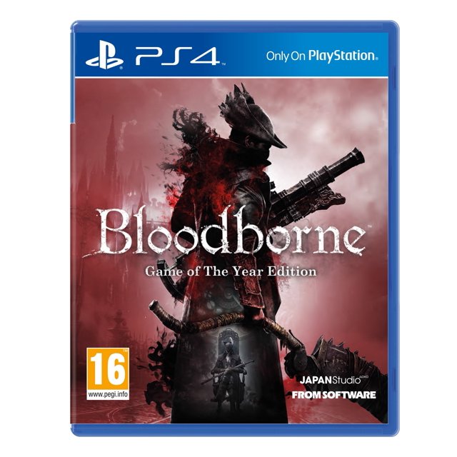 videojuego sony bloodborne game of the year edition ps4 portada frontal con un cazador en perfil, abrigo largo y sombrero, armado con un fusil y una cuchilla de sierra; fondo gótico rojizo con niebla y una figura oscura en la parte inferior, logos de PS4, Japan Studio y PEGI 16 visibles. También suele usarse como portada coleccionable para aficionados de juegos de acción y RPG.