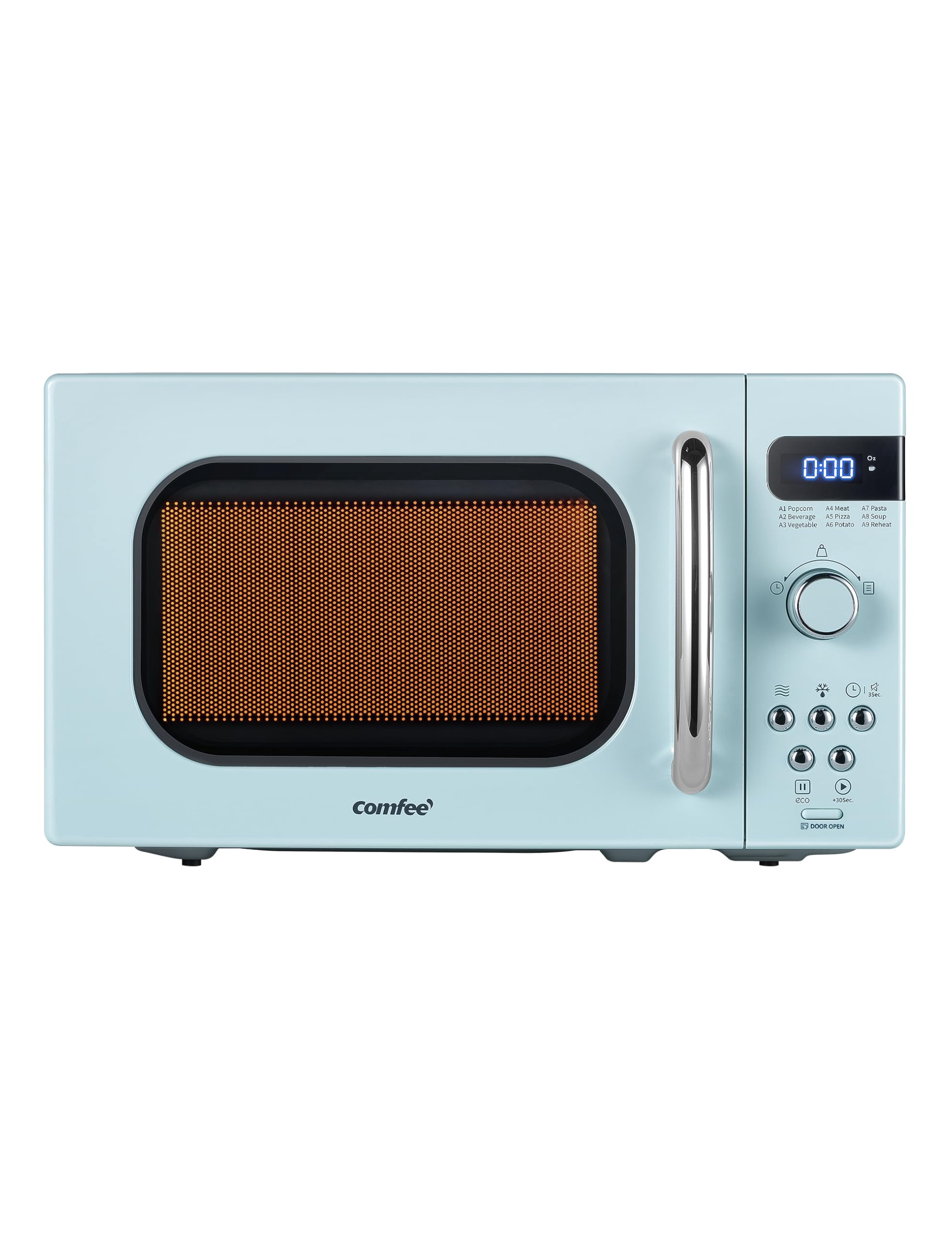 COMFEE' - Horno de microondas pequeño retro con tamaño compacto, 9 menús preestablecidos, placa giratoria con memoria de posición, función de silencio, microondas de encimera para espacios pequeños,
