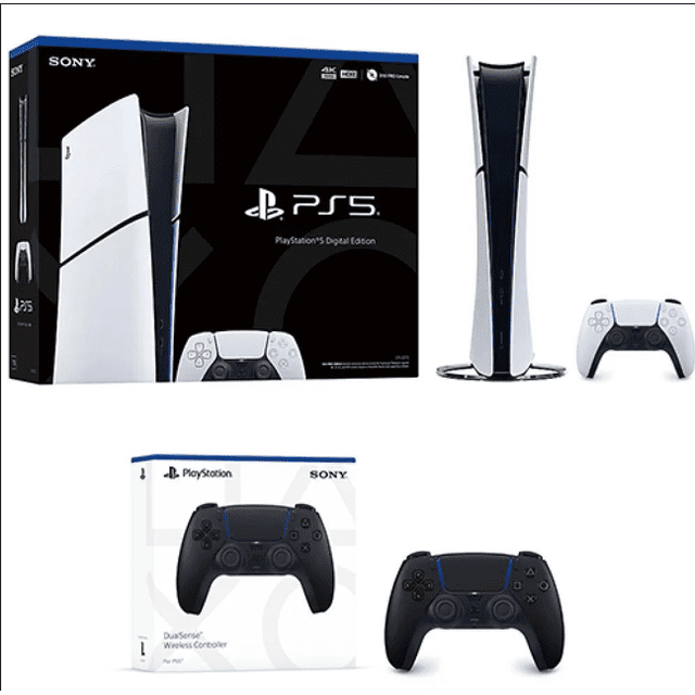consola playstation 5 digital slim + control inalámbrico dualsense midnight black | ps5 16gb ram 1tb ssd Vista frontal y vertical de la consola PlayStation 5 Digital Slim en Midnight Black junto a su caja y un control DualSense Midnight Black en primer plano; silueta vertical con base circular visible, acabado combinado brillante y mate y el paquete indica 16GB RAM y SSD de 1TB para juegos digitales.