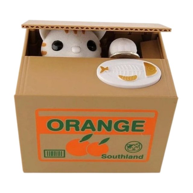 alcancía de gato gadgets and fun alcancía de gato roba monedas caja marrón con etiqueta 'ORANGE', tapa abatible y un gatito blanco que saca una moneda mediante botón circular; funciona con 3 pilas AA (no incluidas), fomenta el ahorro en niños y tiene gran capacidad; también suele usarse como adorno para escritorios.