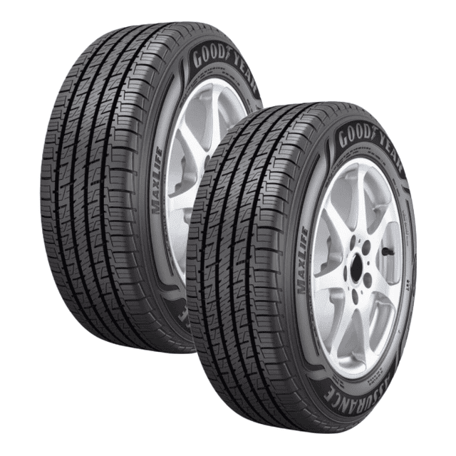 paquete de 2 llantas 165/70 r14 goodyear assurance maxlife 85t goodyear assurance maxlife 3/4 frontal de dos llantas negras en rines plateados; banda de rodamiento con canales longitudinales y ranuras transversales para mejor agarre en mojado, lateral con la marca Goodyear y texto MAXLIFE visible, diseñadas para desgaste uniforme y kilometraje prolongado según ficha; a menudo usadas como reemplazo de llantas delanteras en sedanes.