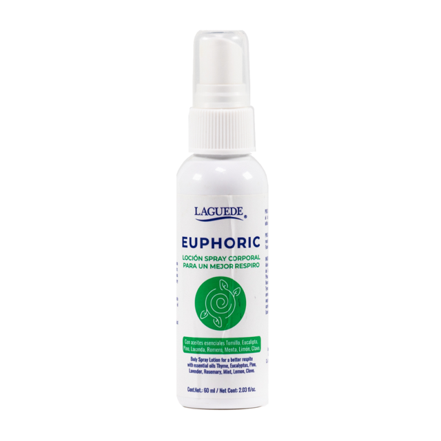 spray para mejor respiro aromaterapia laguede spray / mejor respiro / natural LAGUEDE — Frasco spray blanco frontal de 60 ml con etiqueta "EUPHORIC" en azul y sello verde con hoja; etiqueta indica aceites esenciales y propiedades antivirales, antifúngicas y antibacterianas y apoyo para alergias al polen. Dosificador con tapa transparente, usado en aromaterapia para una sensación fresca y despejante al inhalar.