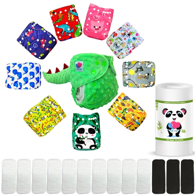 pañal de tela para bebés reutilizable ecologico con insertos nocturnos y rollo ecobaby original Vista cenital del kit multicolor: 9 pañales ajustables estampados en semicírculo alrededor de un pañal texturizado verde Dino, mostrando filas de broches a presión; fila inferior con 10 insertos microfibra blancos y 3 insertos bambú charcoal negros; rollo de pulpa de bambú con etiqueta panda a la derecha; fondo blanco, adecuado para uso diurno y nocturno y para viajes o guardería.
