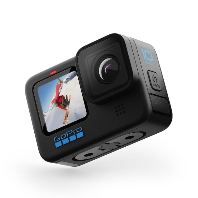 cámara gopro hero 10 black cámara de acción negra, vista 3/4 frontal con lente cuadrada y pantalla táctil de 2.27" mostrando un esquiador; logotipo GoPro en azul, botón lateral 'mode' y texto '10' en azul; 23 MP, video 5.3K60 y 4K120, HyperSmooth 4.0, ranura microSD, USB-C, sumergible a 10 m; suele usarse en deportes y viajes.