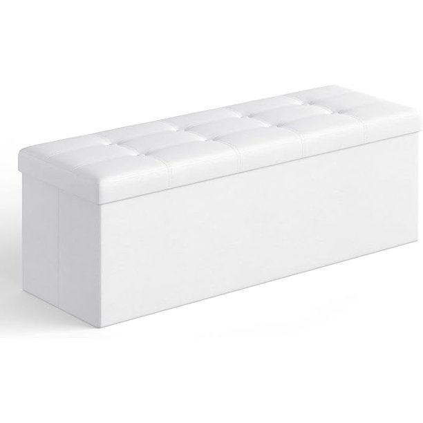SONGMICS Puff Almacenaje, Banco de Almacenamiento, 38 x 110 x 38 cm, Soporta hasta 300 kg, para Sala de Estar, Dormitorio, Entrada, Blanco