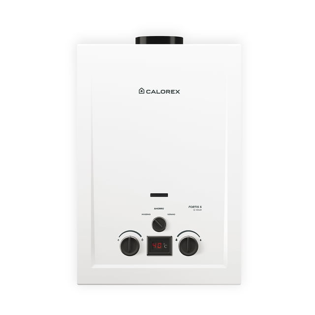 calorex boiler calentador de agua instantaneo fortis s 06 para 1servicio gas lp Calentador instantáneo Fortis S06 6 L, vista frontal centrada; carcasa blanca rectangular con salida de humo superior y logo CALOREX, panel frontal inferior con tres perillas negras y pantalla digital que muestra la temperatura. Funciona con gas LP y encendido automático al detectar flujo de agua; compacto para montaje en pared en departamentos, lavaderos o cocinas pequeñas.