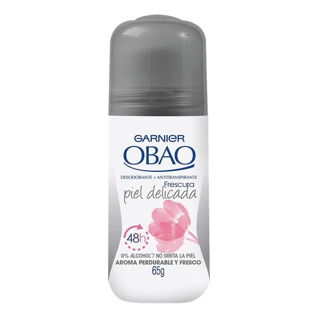 desodorante antitranspirante garnier obao frescura en roll on para dama 65 g envase frontal blanco y gris con tapa translúcida, logo Garnier OBAO, texto "piel delicada", flor rosa y leyenda que indica 48 h de protección y 65 g.