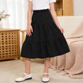 thumbnail image 4 of Falda midi vaquera escalonada para niñas, cintura alta elástica, corte en A, falda larga informal, suave, transpirable, con volantes, color negro, tallas de 4-5 a 14-15 años., 4 of 5
