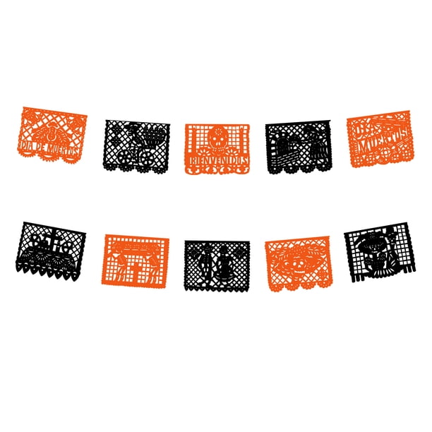 Papel picado Dia de Muertos DECORAMEC Guirnaldas de plastico picado 5 tiras de 5 metros negro y naranja