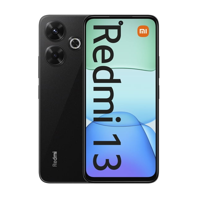 xiaomi redmi 13 8gb 256gb negro vista frontal y trasera 3/4; pantalla IPS de 6.79" FHD+ con perforación para cámara de 13 MP, carcasa negra texturizada, módulo trasero con sensor principal de 108 MP y cámara macro de 2 MP, lector de huellas lateral, botones físicos; MediaTek Helio G91-Ultra, carga rápida 33 W y batería de 5030 mAh. A menudo usado para fotografía móvil y multitarea.