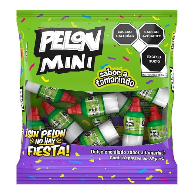 dulce enchilado pelon pelo rico mini sabor tamarindo 18 pzas 13 g c/u paquete frontal centrado que muestra 18 minis individuales con tapa roja y cuerpo verde, logo "Pelon Mini", texto "sabor a tamarindo" y sellos de advertencia nutricional; apto como snack y suele usarse en fiestas.