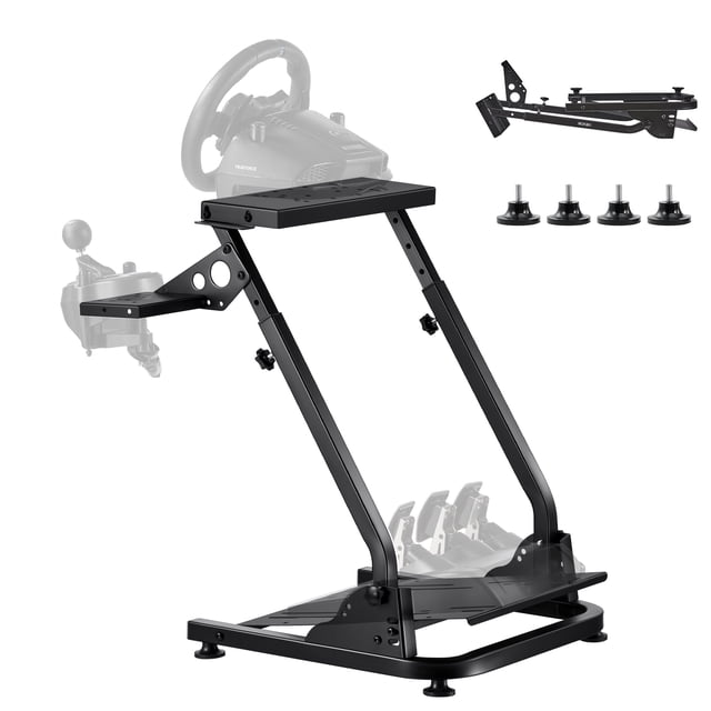 vevor soporte para volante de carreras ajustable y plegable, compatible con logitech g29, g27, g920 y g923, thrustmaster t300rs, t300gt, t248, ts-pc y tsxw gaming cockpit. pedales no incluidos. Vista frontal 3/4 del soporte negro de acero al carbono con base rectangular, brazos arqueados que sostienen la plataforma del volante, plataforma inferior para pedales, orificios pretaladrados, perillas de ajuste y almohadillas antideslizantes; se pliega 90° para almacenamiento compacto y es adecuado para setups en sala o cuarto, además de usarse a menudo en configuraciones temporales para torneos o viajes.