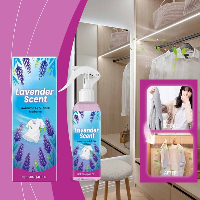 ambientador en aerosol xiying - eliminador de olores de acción rápida para ropa, 120 ml, botella con gatillo pulverizador y etiqueta lavanda multicolor, en un clóset con prendas colgadas; destaca aplicación fácil, aroma fresco duradero y uso en telas y textiles del hogar.