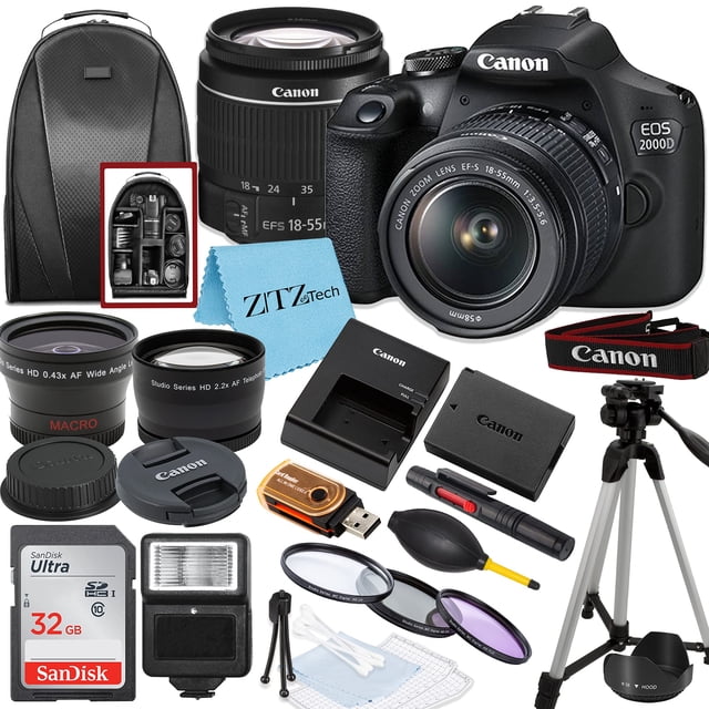 cámara dslr canon eos 2000d reacondicionada con lente 18-55mm frontal del kit fotográfico, cuerpo Canon EOS 2000D con objetivo 18-55mm montado, batería y cargador Canon, correa con logo Canon, trípode, tarjeta SanDisk 32GB, flash compacto, filtros y tapas de lente, paño de limpieza y estuche de transporte visibles; a menudo usada como equipo de inicio para fotografía aficionada.