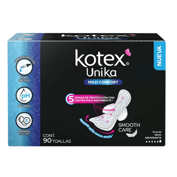 Toallas Femeninas Kotex Unika Maxi Comfort 90 Pzs Abundante