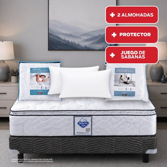 Colchón + Box Spring Air King Size City + 2 Almohadas Sc + Protector Ensueño + Juego de Sabanas Ensueño