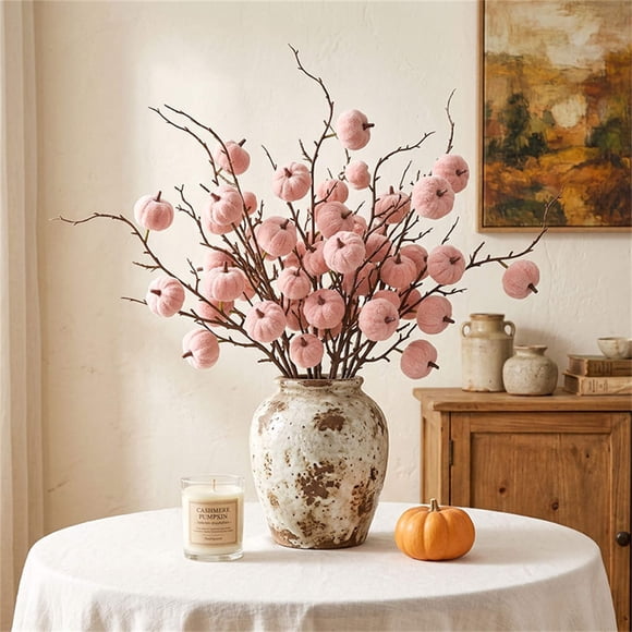 Calabaza de terciopelo sintético con ramas y bayas: decoración artificial de otoño para el hogar, ideal para la repisa de la chimenea, la mesa o como centro de mesa festivo.