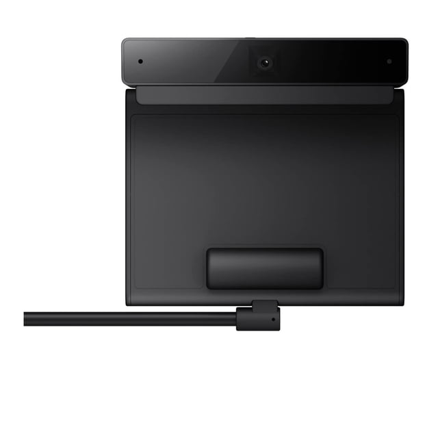 cámara sony bravia cam (cmu-bc1) compatible con televisores sony — Vista frontal centrada; módulo rectangular negro con lente central y dos micrófonos, tapa de privacidad integrada en la parte superior, base plegable para colocarse sobre el televisor y cable USB saliendo por debajo. Ideal para videollamadas Zoom y funciones BRAVIA como Ambient Optimization Pro.