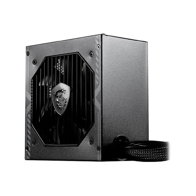 fuente de poder pc msi 650w gamer 80 plus bronze mag a650bn atx negro 3/4 frontal con rejilla octogonal y ventilador visible, escudo MSI en el centro, carcasa metálica texturizada y cable mallado fijo; 650W, 80 PLUS Bronce, protecciones OCP/OVP/OPP/OTP/SCP; adecuada para ensamblajes de PC para juegos.