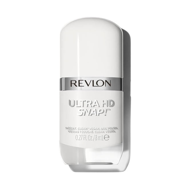 esmalte para uñas revlon ultra hd snap early bird 8 ml frasco blanco frontal con banda plateada y logo REVLON, etiqueta 'ULTRA HD SNAP', envase plástico brillante y sombra a la derecha; barniz de aplicación diaria, adecuado para retoques rápidos.