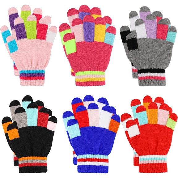 Guantes para Niños Guantes de Invierno de Punto a Rayas de Colores Guantes Mágicos con Dedos Completos Guantes Elásticos y Cálidos para Niños Niñas Unisex 5-10 Años 6 Pares
