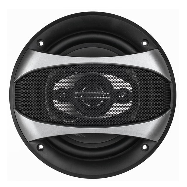 nuevo juego de bocinas coaxiales audiobahn as693s spark series | 6x9" 3 vías | 900w pico, vista frontal centrada de bocina para auto 6x9" negra con cono de polipropileno, rejilla metálica ovalada, dos tirantes plateados en X y tweeter coaxial central; montaje para 4 tornillos, aislada sobre fondo blanco, adecuada para reforzar sistemas de audio en vehículos.