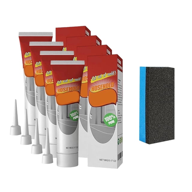 gel removedor de limpiadores domésticos de alta penetración adecuado para huecos de azulejos de baño y cocina limpieza de paredes fórmulas seguras que no dañan las superficies gel eliminador de moho — Cuatro tubos con cajas alineadas en vista frontal, boquillas blancas al frente y una esponja negra con borde azul a la derecha; formulado para penetrar juntas y esquinas, uso sin cepillo dejando actuar 6–8 horas antes de limpiar, paquete contiene 4 geles y 1 esponja; también adecuado para sellos de lavadora y juntas de encimeras.
