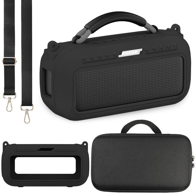 funda protectora y funda de silicona para bose soundlink max funda de silicona negra y estuche rígido EVA para Bose SoundLink Max, vista frontal centrada: funda de silicona flexible envolvente con rejilla perforada frontal y puertos laterales precisos, asa superior acolchada con cuerda trenzada, estuche rígido negro con cremallera y asa, y correa de hombro desmontable con ganchos metálicos; apto para transportar y proteger el altavoz durante viajes.