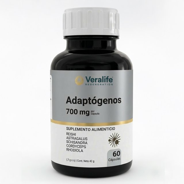 astragalo con ganoderma y vitamina c Veralife Regeneration suplemento adaptógenos 700 mg frasco frontal con etiqueta plateada y acento dorado; indica 60 cápsulas y lista visible de ingredientes: reishi, astragalus, schisandra, cordyceps, rhodiola; fondo blanco.