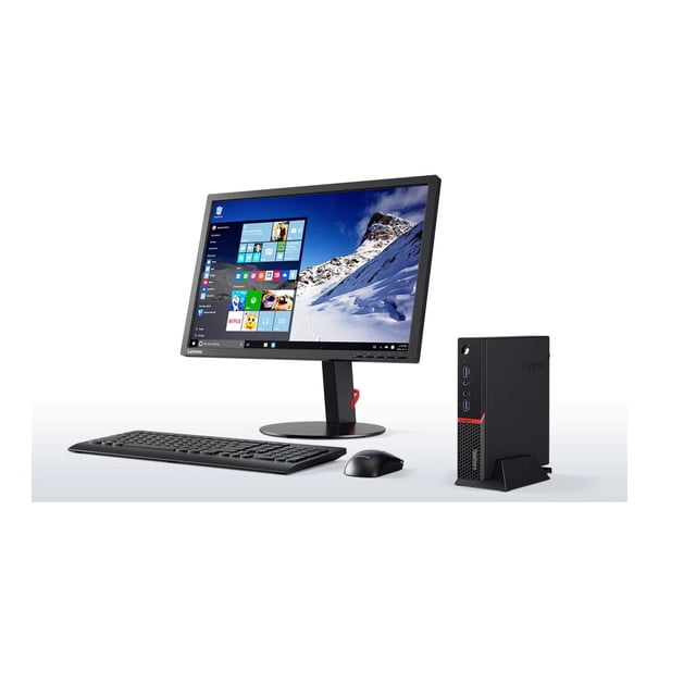 pc tiny lenovo m900 i5-6 8 gb en ram y 240 gb ssd con monitor 19 pulgadas thinkcentre reacondicionado Equipo de cómputo empresarial negro: 3/4 frontal con la mini torre ThinkCentre negra colocada vertical junto a monitor de 19" con base, teclado y mouse; pantalla muestra Windows 10 Pro. Sistema compacto ideal para estación de trabajo de oficina con Intel Core i5, 8GB RAM y 240GB SSD según especificaciones.