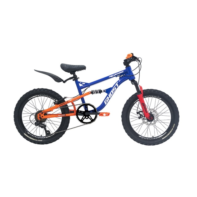 bicicleta ghost revenge rodada 20 azul bicicleta MTB infantil doble suspensión rodado 20 con cuadro acero Beta High Performance pintado azul, desviador indexado 7 velocidades y palancas gatillo 7 vel., frenos V Brake con palancas de aluminio, rines aluminio R20x36 y llantas R20x2.35 negras, asiento estilo BMX y salpicadera trasera; suele usarse también para paseos recreativos y vacaciones al aire libre.