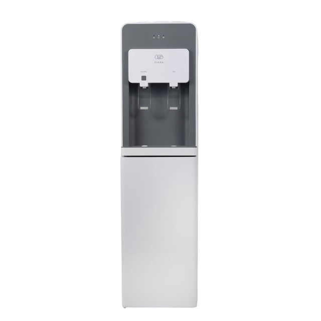 dispensador eléctrico de agua fría y caliente avera da02g de piso blanco, vista frontal centrada; dispensador de pie con panel superior gris y dos boquillas, bandeja de goteo y gabinete organizador inferior para vasos y sobres, compatible con garrafón 20 L y filtro AVERA GAP01, calentamiento 480 W para agua hasta 90°C; ideal para oficinas o estaciones de bebida en departamentos.