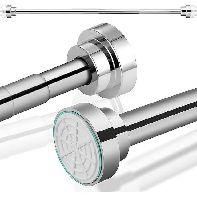 tubo para cortina bluelander ajustable y retráctil, acero inoxidable, para balcones, armarios y baños — riel telescópico plateado con extremos de base redonda de ABS antideslizante, muestra la rosca de ajuste; longitud ajustable 100–185 cm, instalación sin herramientas, acabado pulido; también puede usarse como barra para colgar ropa en espacios pequeños.