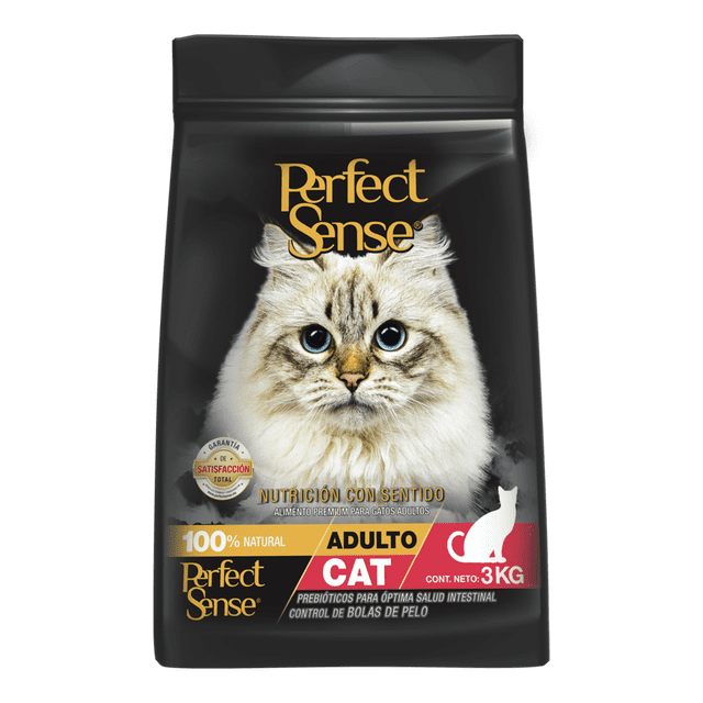 alimento para gato adulto 3 kg balanceado perfect sense perfect sense ps1872 saco negro frontal con gato de pelaje claro, logo Perfect Sense en dorado, sello 100% natural y franja roja 'Adulto Cat', indica prebióticos para óptima salud intestinal, control de bolas de pelo y peso neto 3 kg.