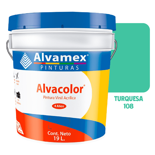 pintura vinílica alvamex alvacolor turquesa 19l interior y exterior 4 años — Cubeta frontal de 19 L con tapa azul; etiqueta azul, amarilla y naranja con logotipo Alvamex y texto Alvacolor; muestra de color turquesa 108 a la derecha; acabado mate, diluible hasta 10% con agua, secado en 1 hora y rendimiento aproximado 4–6 m²/L; adecuada para yeso, concreto, tabla roca, madera y mampostería; también suele usarse para retoques decorativos y proyectos pequeños de bricolaje.