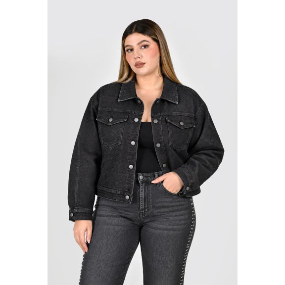 Chamarra denim con pedreria Roman Fashion /Tallas Extras, 0224 (Negro) negro 42
