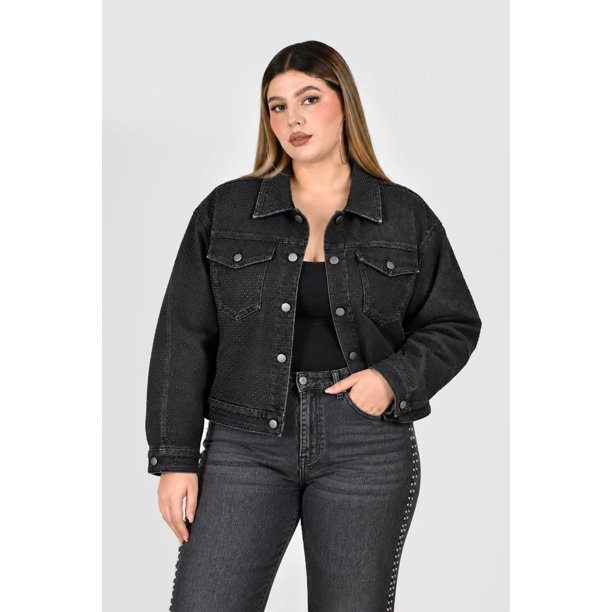 Chamarra denim con pedreria Roman Fashion /Tallas Extras, 0224 (Negro) negro 42