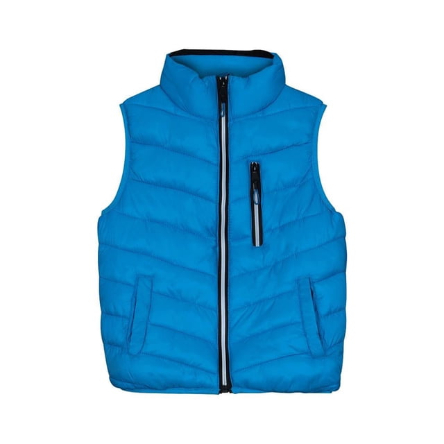 modelo 001025000123 multicolor 8 chaleco capitonado para niña, vista frontal centrada con cierre frontal visible; sin mangas y cuello alto, paneles horizontales acolchados, bolsillo vertical con cierre en pecho y bolsillos laterales con solapa, rib en costados y tape elástico en puños, 100% poliéster e interior afelpado según especificaciones.